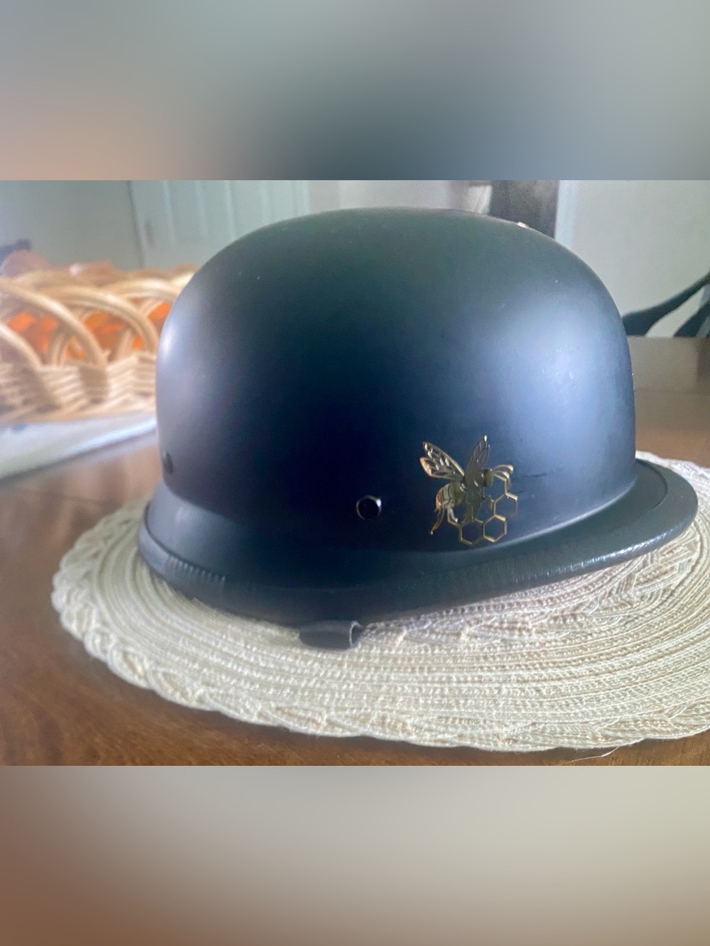Black Matte Bowler Helmet with Gold Bee Emblem